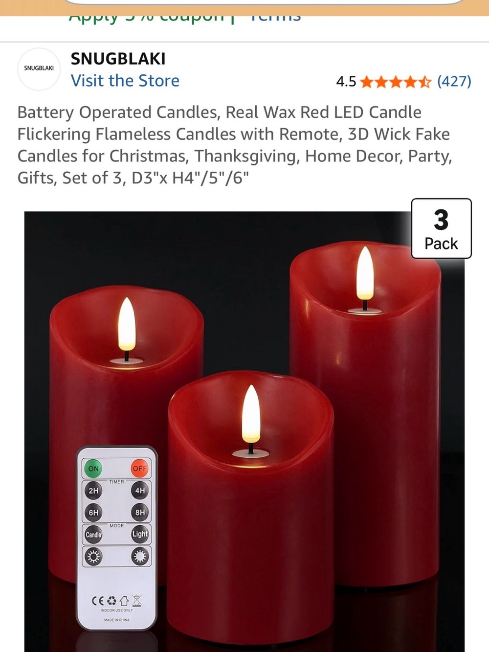 SNUGBLAKI Red LED Flameless Candle Set (3-Pack)